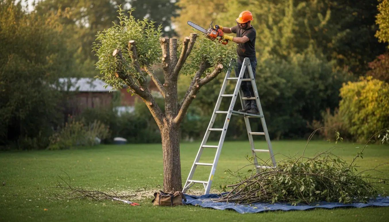 Person på en stige beskærer et træ med en topsav, friske afsavede grene og savsmuld på græsset.
