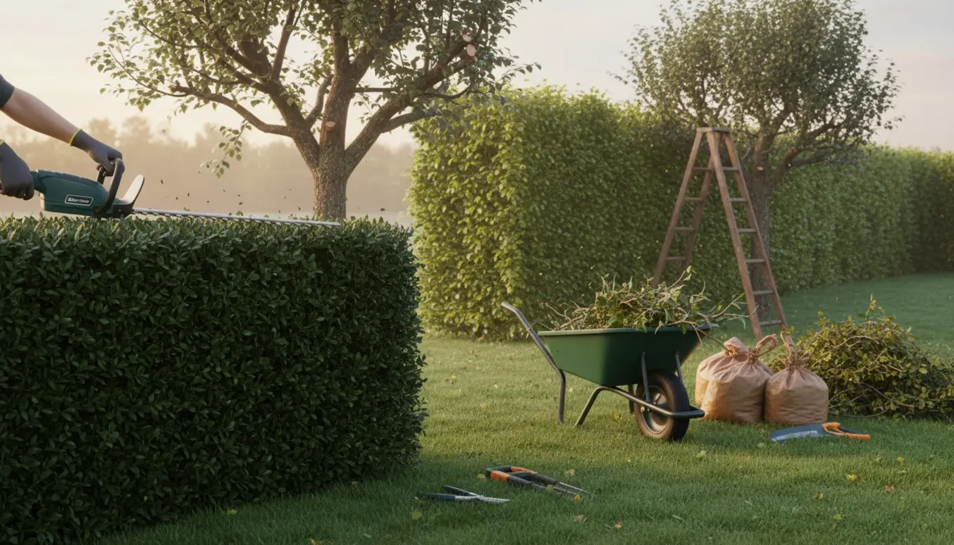 Færdigtrimmet liguster- og bøgehæk med beskårede træer og haveredskaber i forgrunden.
