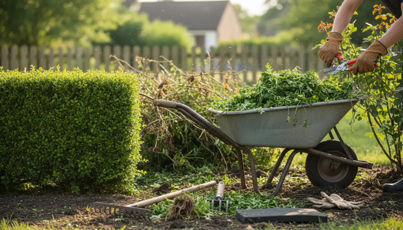 Beskæring af hæk og lugning i en lille have med trillebør og haveredskaber.