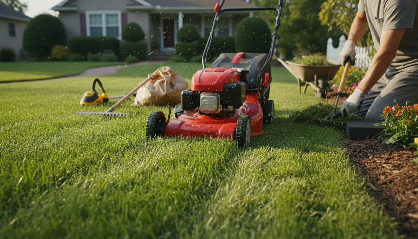 Nærbillede af græsslåning og lugning ved et hus med plæneklipper, handsker og trillebør med ukrudt.
