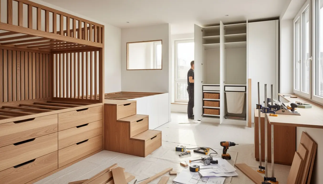 Lejlighed under renovering med tømrerværktøj, hems med opbevaring, trappetrin og indbyggede skabe.