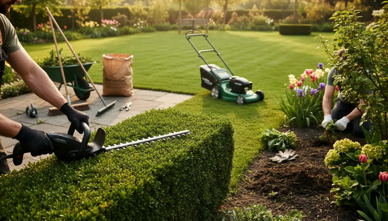 Hækkeklipning og haveoprydning med hækkeklipper, rive og fyldt trillebør uden synlige ansigter.