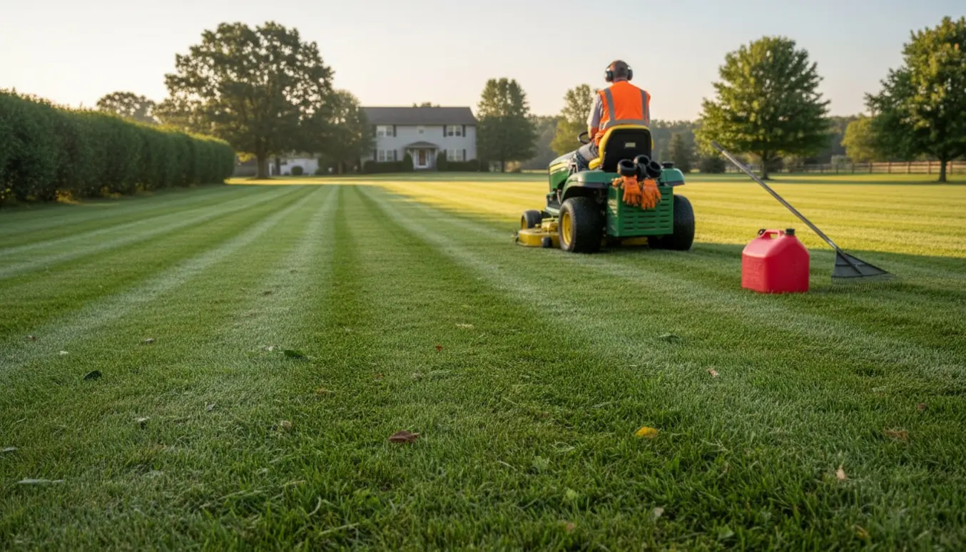 Ride-on plæneklipper i arbejde på en stor, nyklippet græsplæne i blødt sollys.