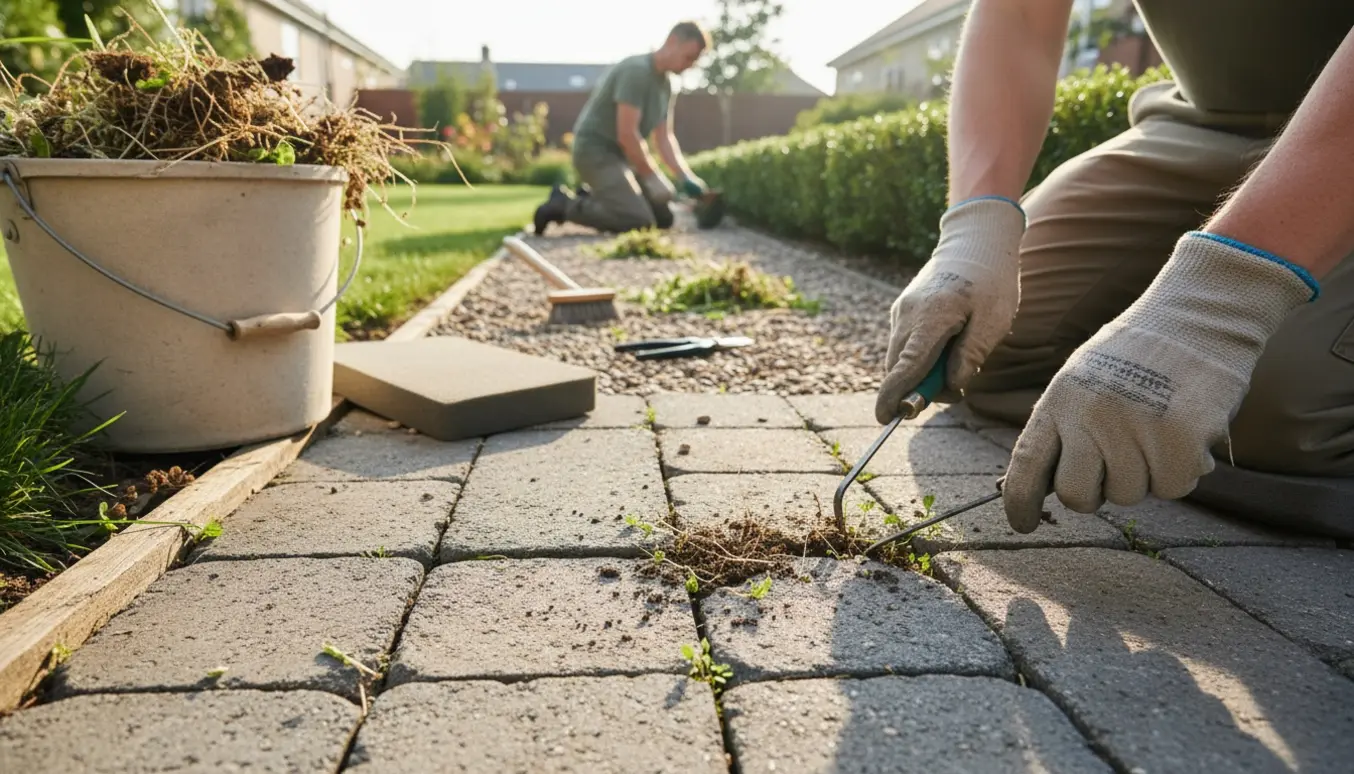 Hænder i havehandsker fjerner ukrudt mellem fliser og i grus med haveværktøj og en spand til ukrudt.
