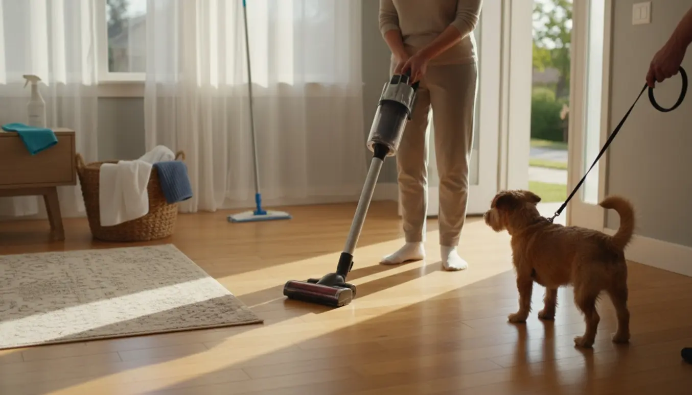 Person hjælper med rengøring og hundeluftning i et solbeskinnet hjem.