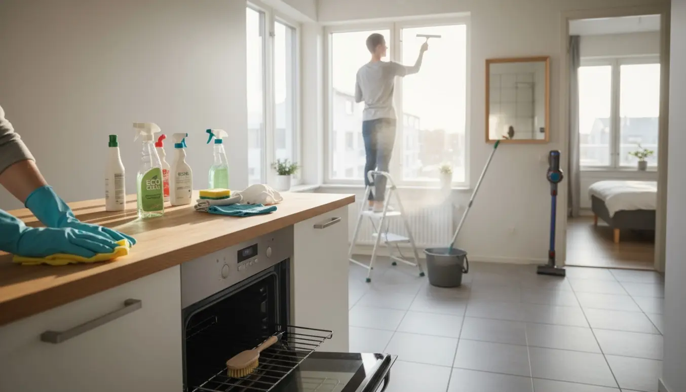 Tom 50 m² lejlighed under udflytningsrengøring med rengøringsudstyr og en person, der pudser vindue og aftørrer overflader.