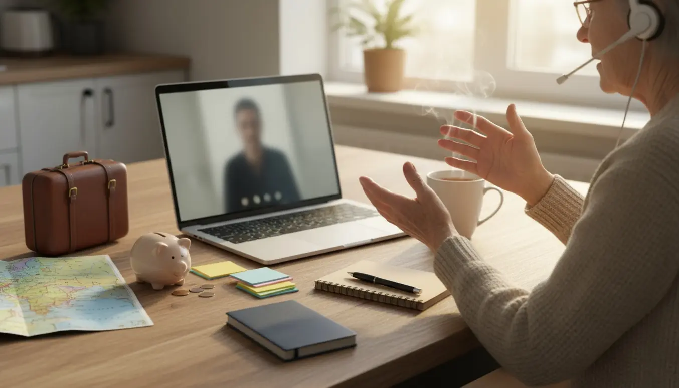 Ældre person øver engelsk til rejser ved et solfyldt bord med laptop, headset, kort og notesbog.