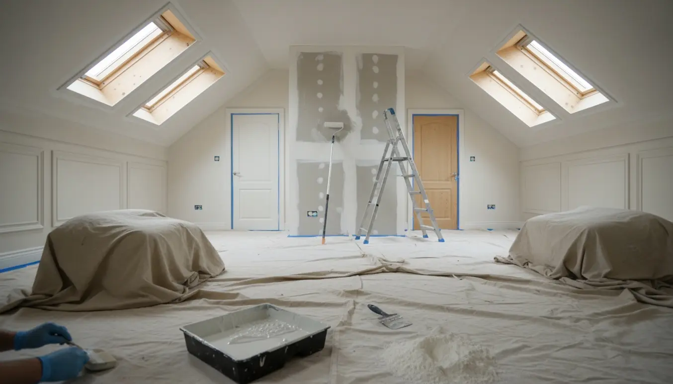 Loftsværelse under maling med nymonteret forsatsvæg, værktøj og Velux-vinduer i naturligt dagslys.