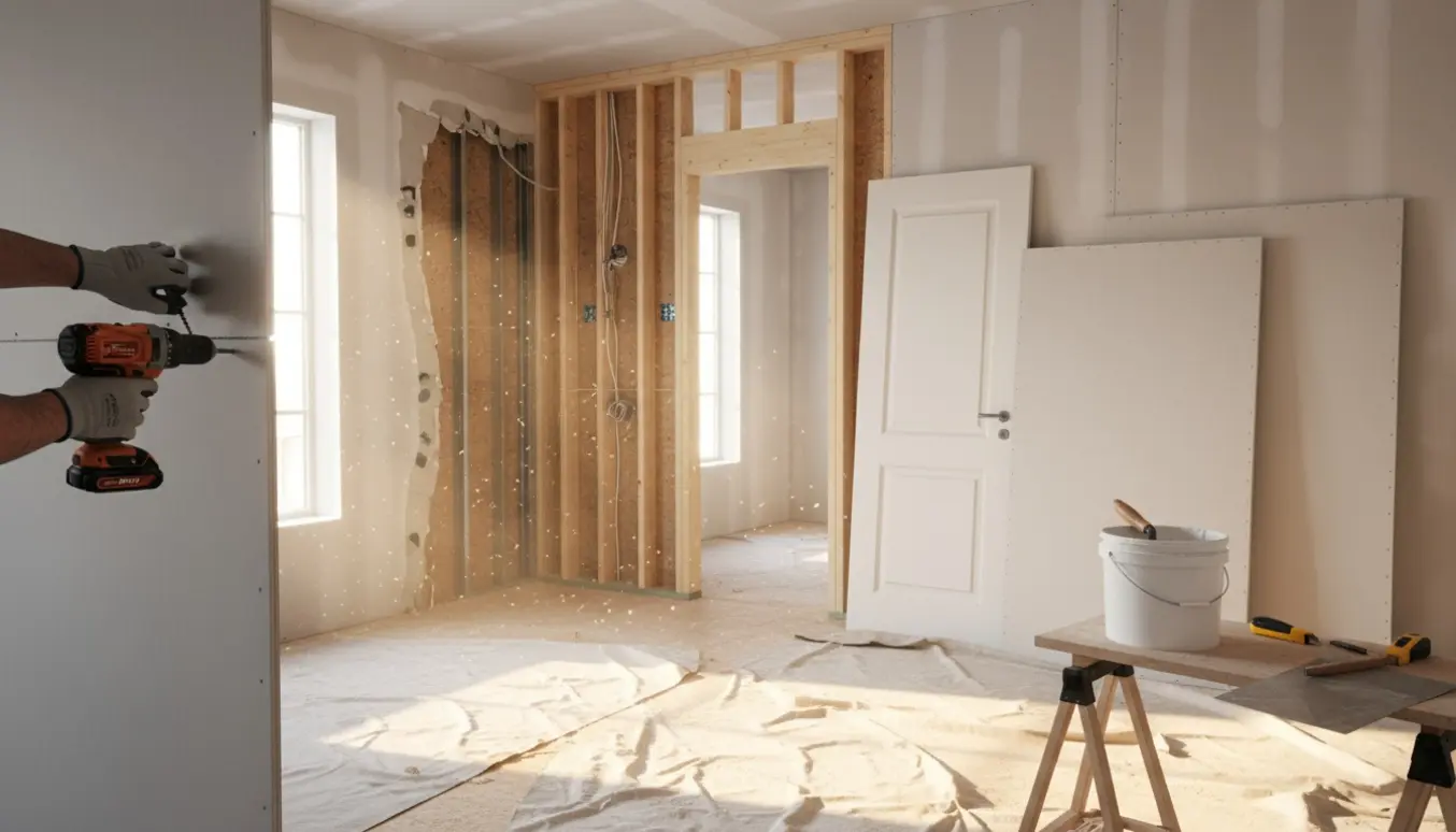 Indendørs renovering med delvist fjernede gipsvægge, ny vægunderkonstruktion og en dør klar til montering.