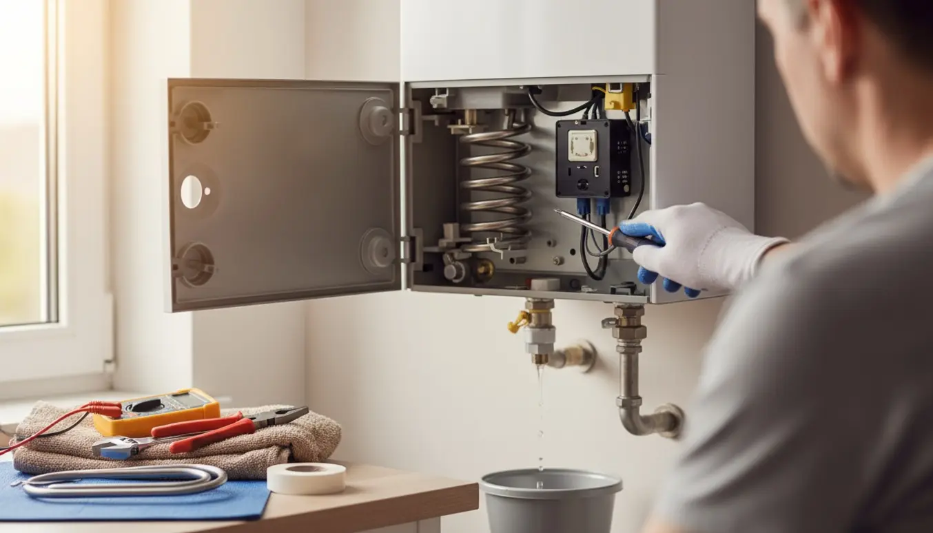 Hænder reparerer en lille væghængt 30-liters varmtvandsbeholder i et bryggers med værktøj og reservedele.