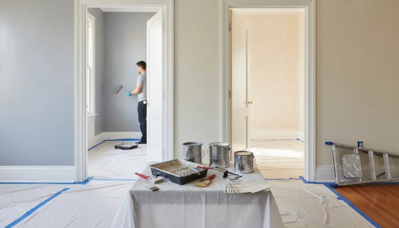 Halvmalet lejlighedsgang med malerværktøj, afdækningsduge og åbne døre til to værelser klar til maling.