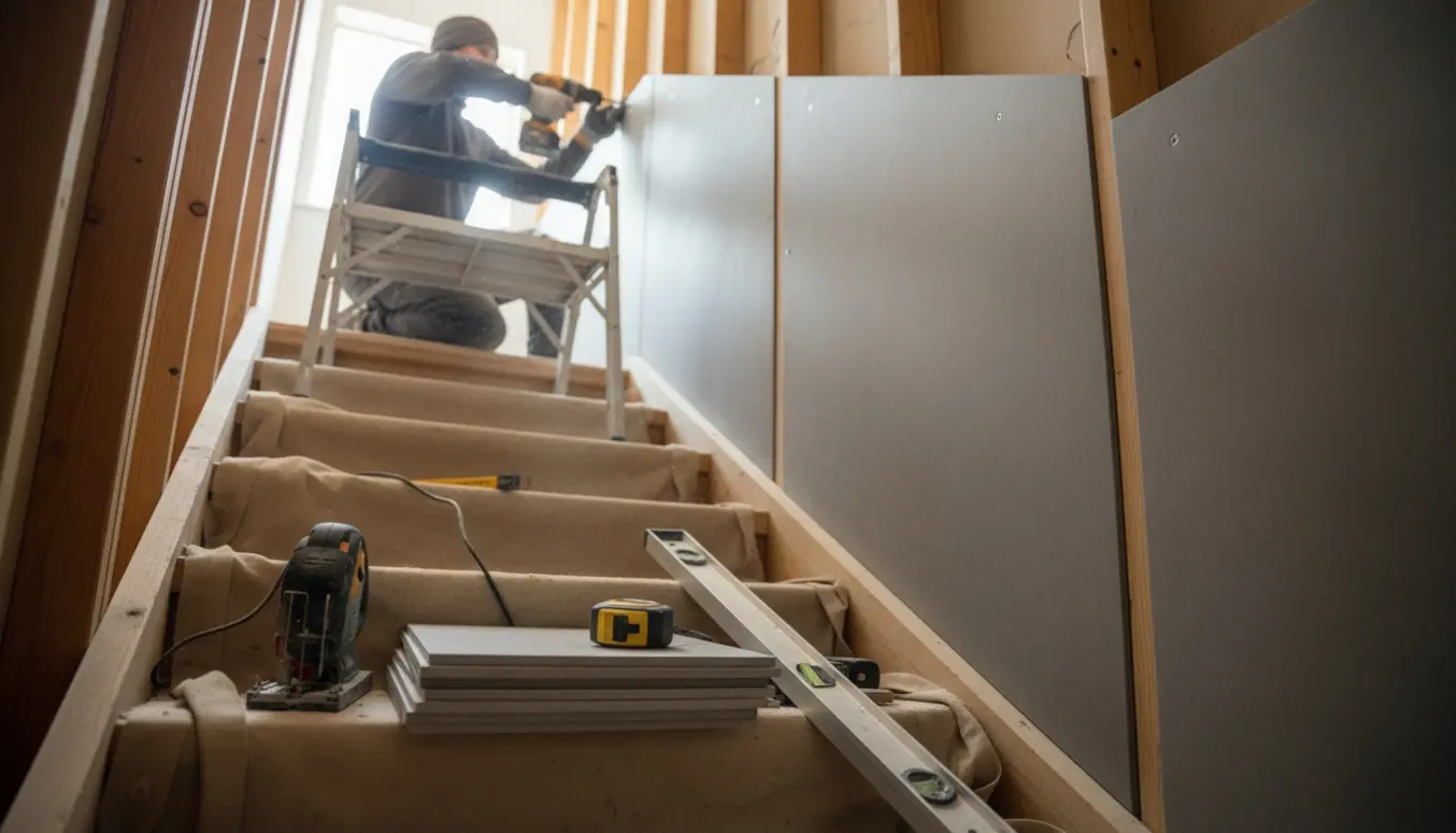 En håndværker monterer fibercementplader som beklædning over en indendørs trappe.