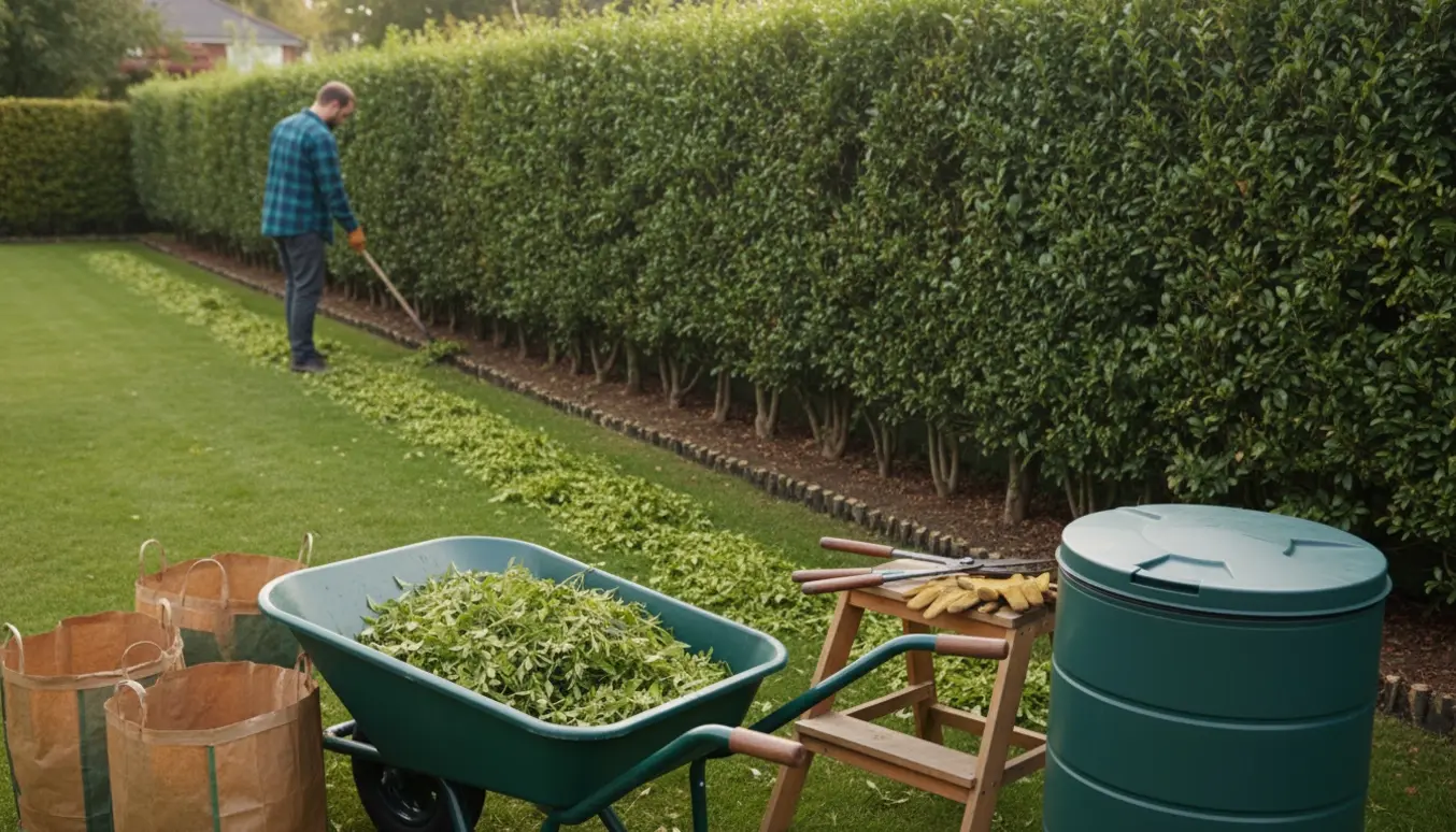 Person samler nyslåede hækafklip i trillebør ved siden af poser til haveaffald.