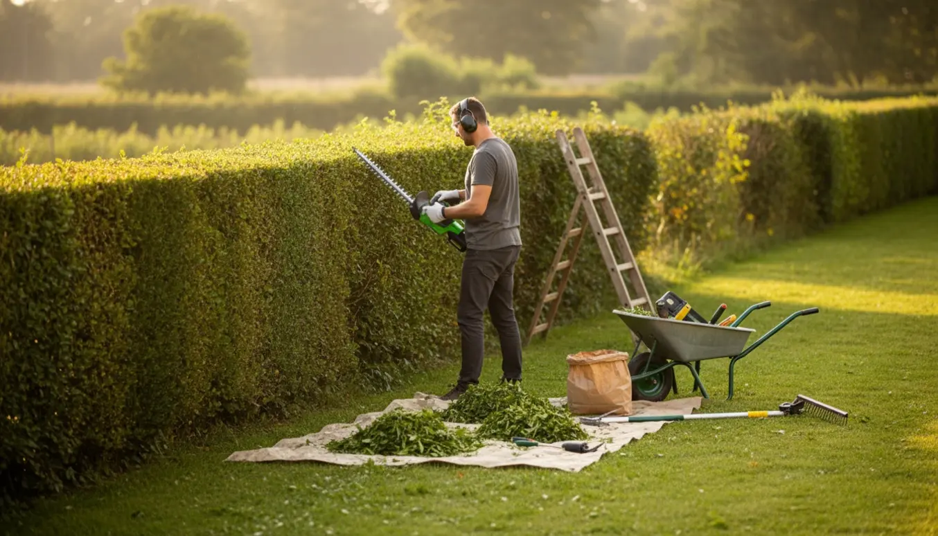 En person klipper en lang hæk med elektrisk hækkeklipper, nyklippede sider og bunker af grønne afklip på græsset.