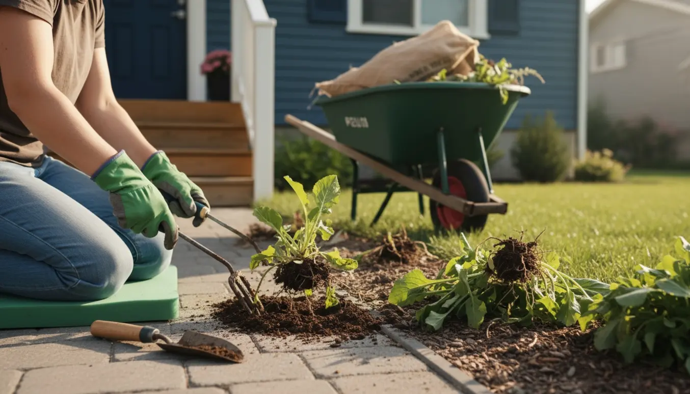 Nærbillede af hænder i handsker, der fjerner ukrudt fra et blomsterbed i forhaven.