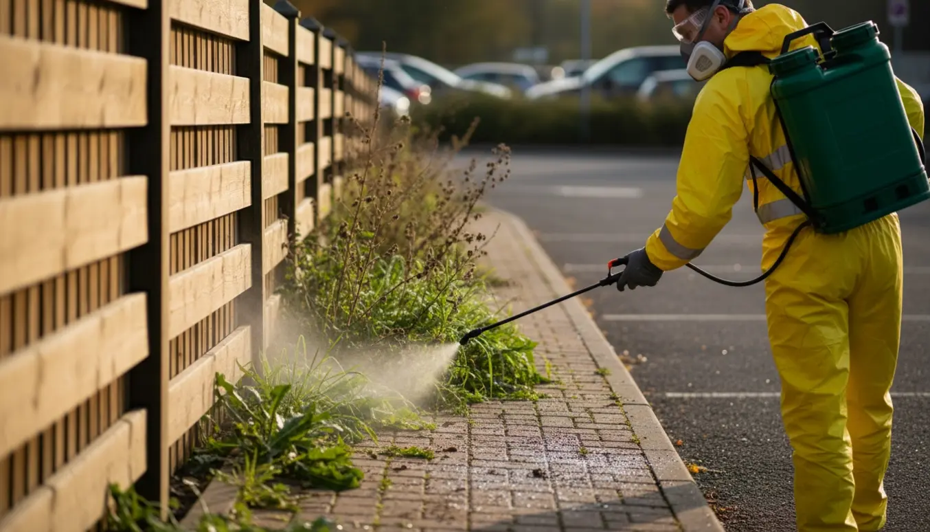 Person sprøjter ukrudt langs hegn og kant af parkeringsplads med rygsprøjte.