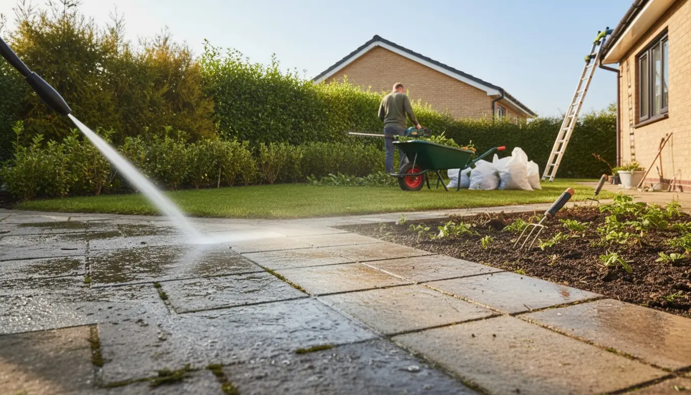 Havearbejde med rengøring af fliser, hækklipning og lugning foran et mindre hus.