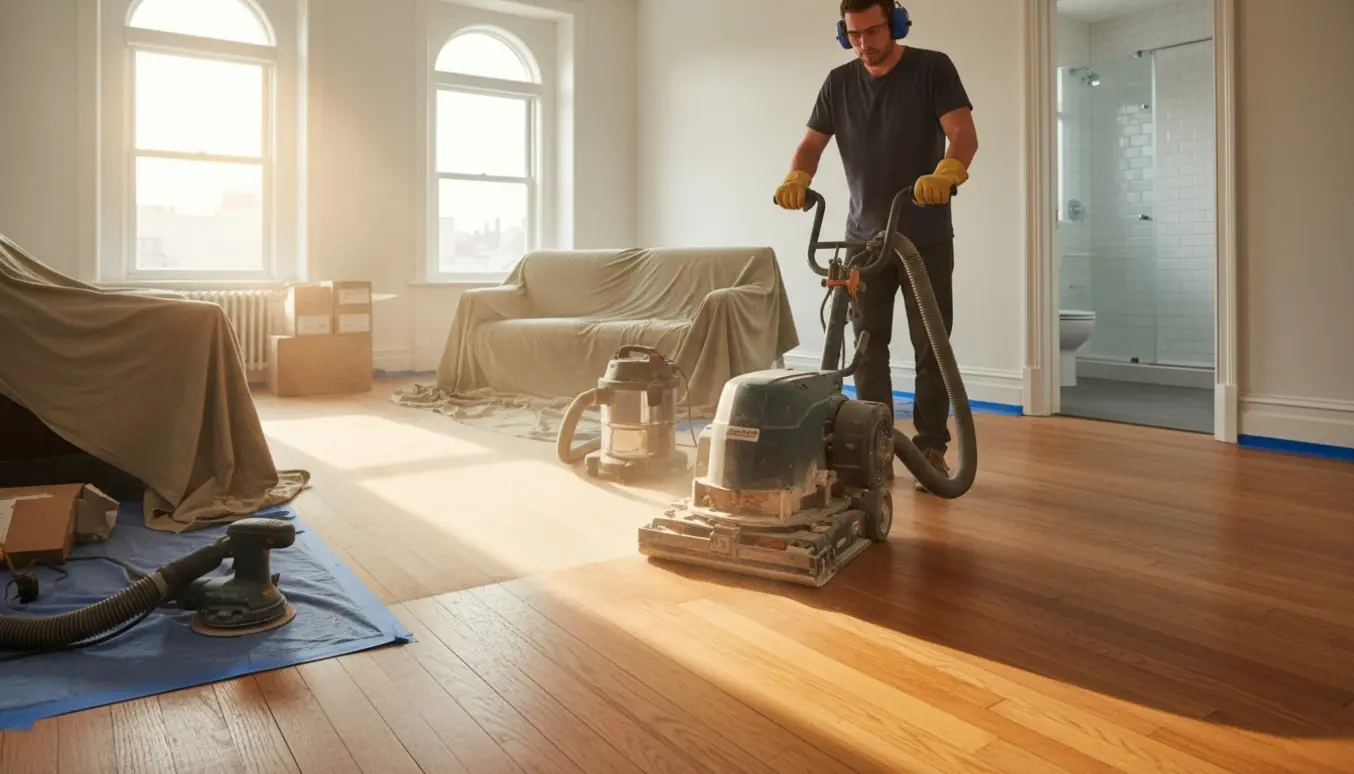 Halvslibet trægulv i solbeskinnet lejlighed med gulvsliber, støvsuger og beskyttede kanter.