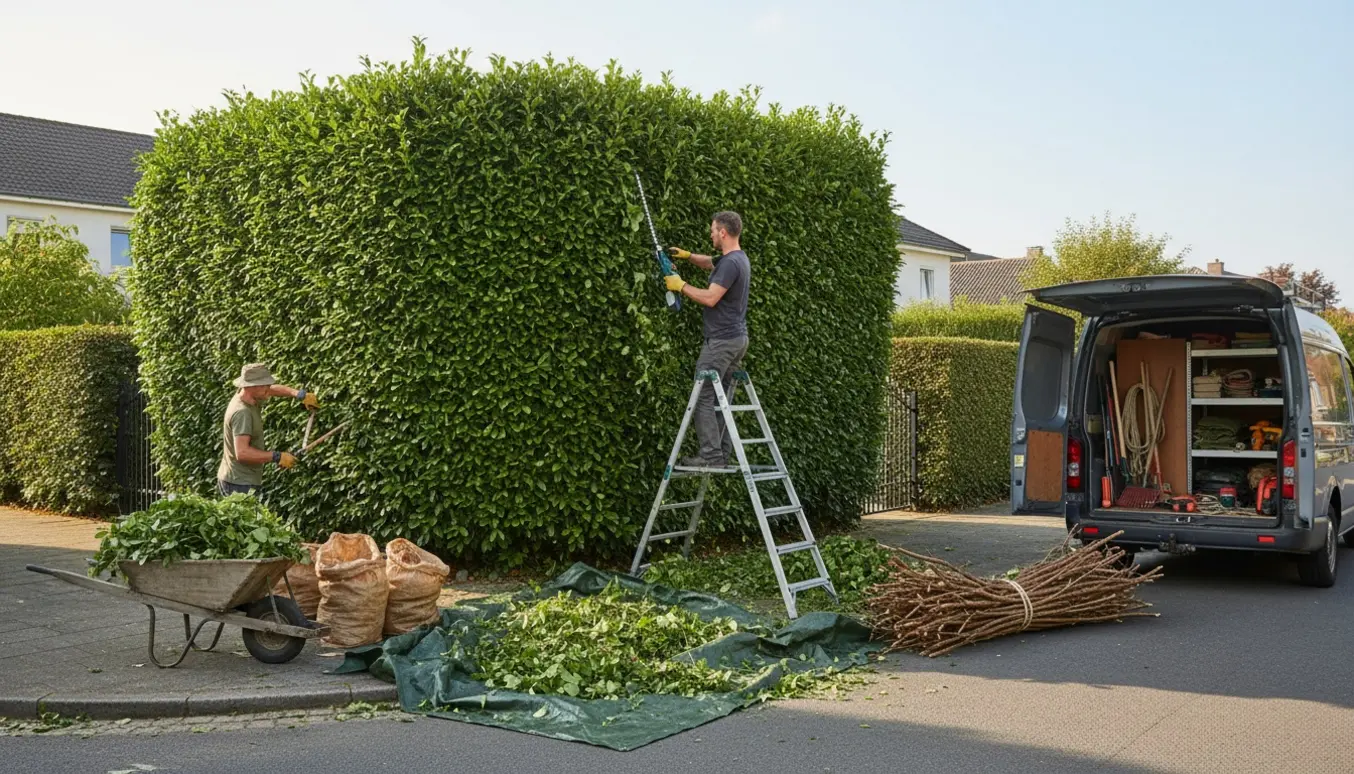 Hækkeklipning på hjørnegrund med to hække, værktøj og afklips klar til afhentning.