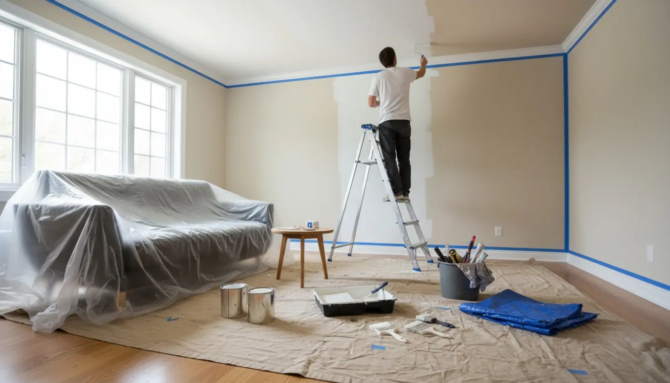 En maler på stige hvidmaler et loftrum med møbler dækket af plast og malerværktøj i forgrunden.