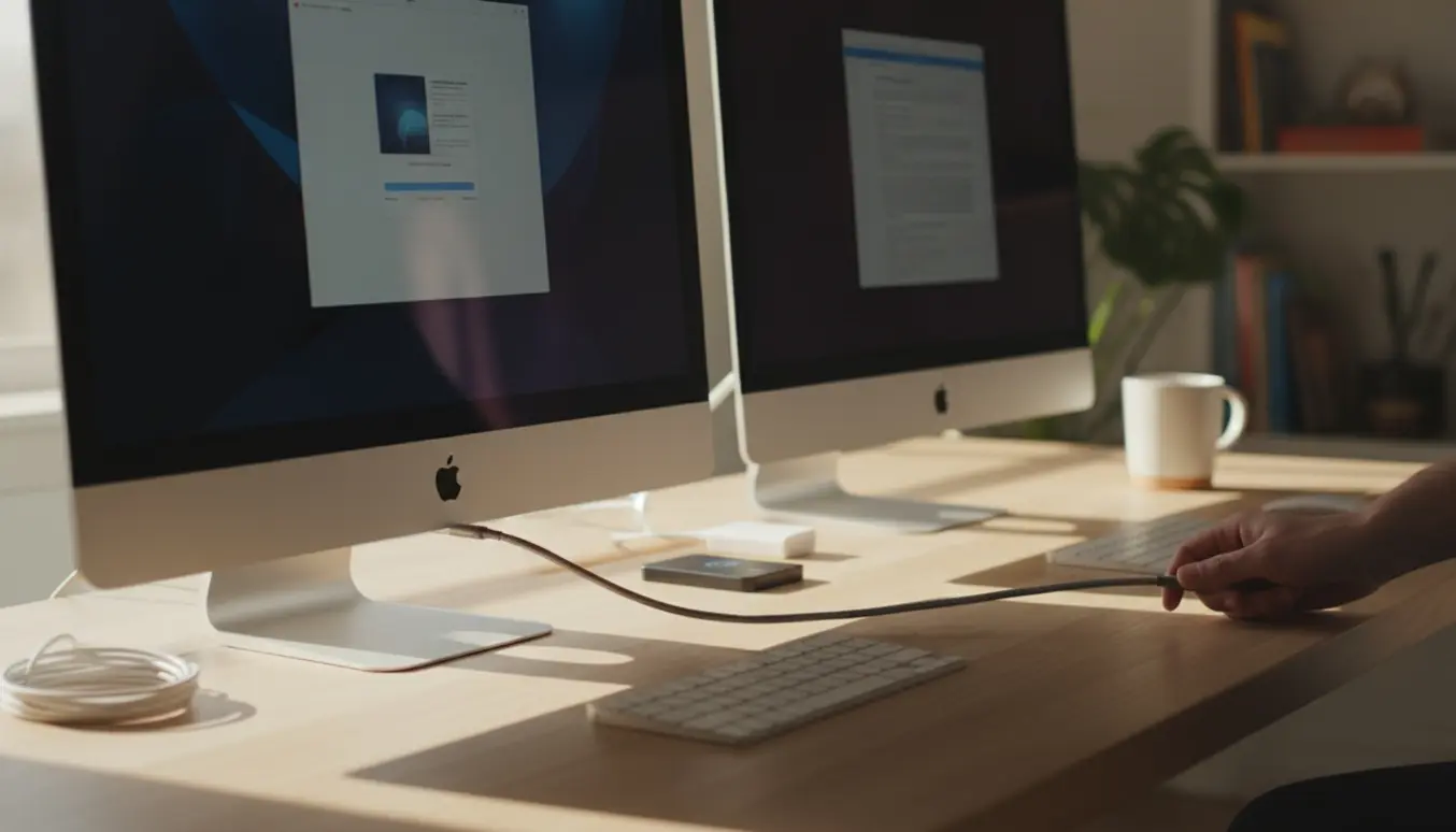 To iMacs på et skrivebord med en hånd, der tilslutter et kabel for at overføre og opdatere systemet.