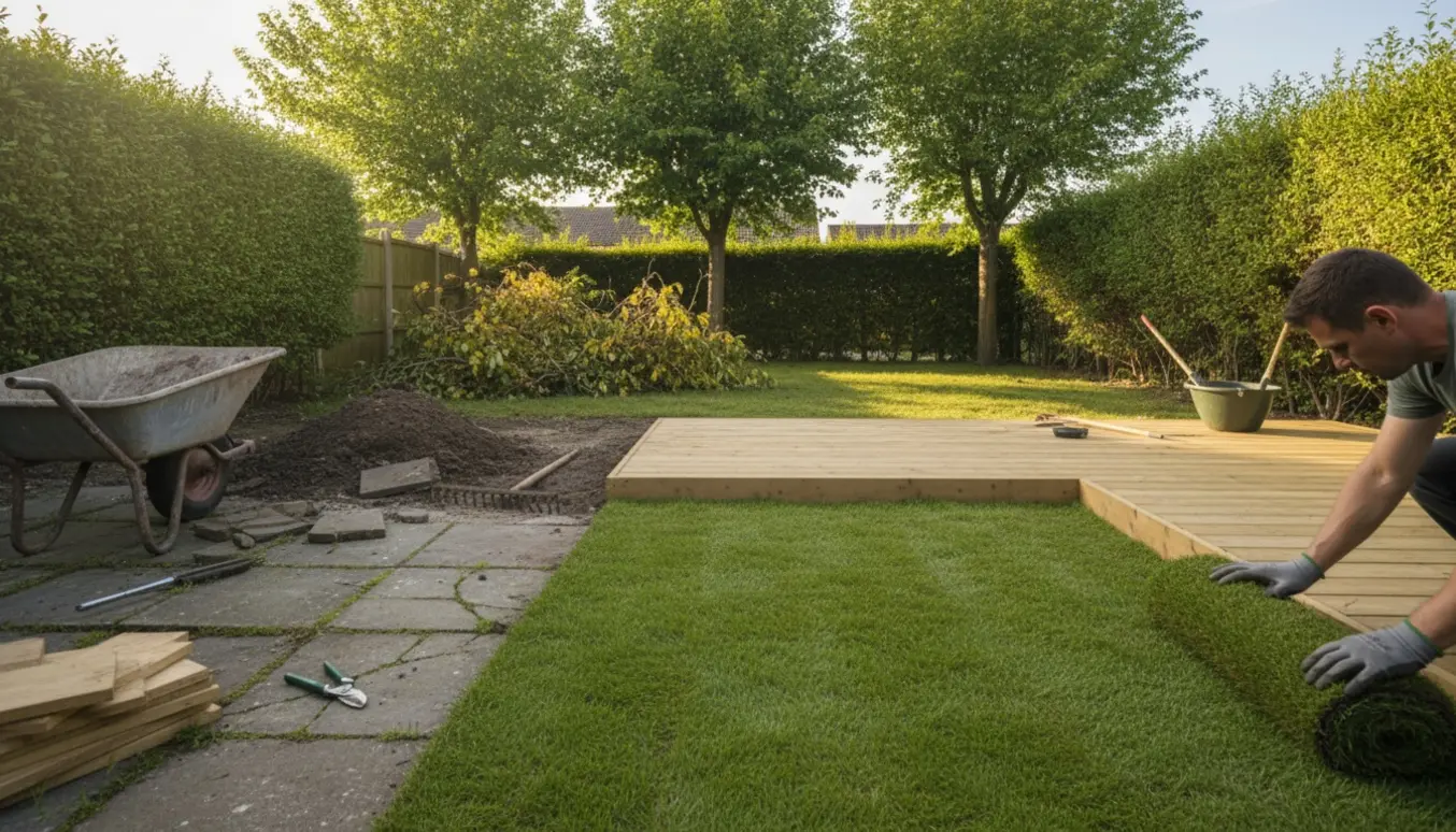 Lille enderækkehushave under forvandling med ny terrasse, rulgræs og bunker af gamle fliser.