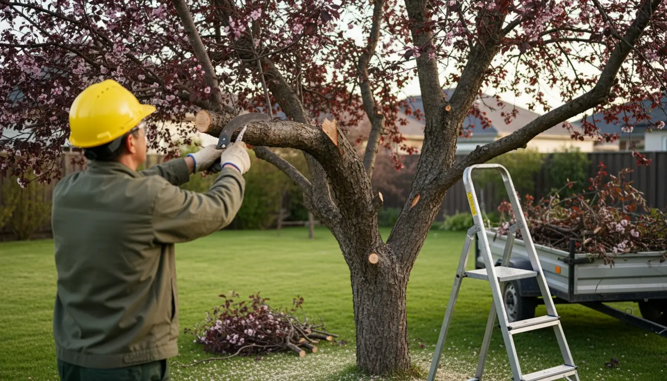 Beskærer fjerner stormskadet gren fra et lilla-blomstrende blodblomme-træ med afskårne grene klar til bortkørsel.