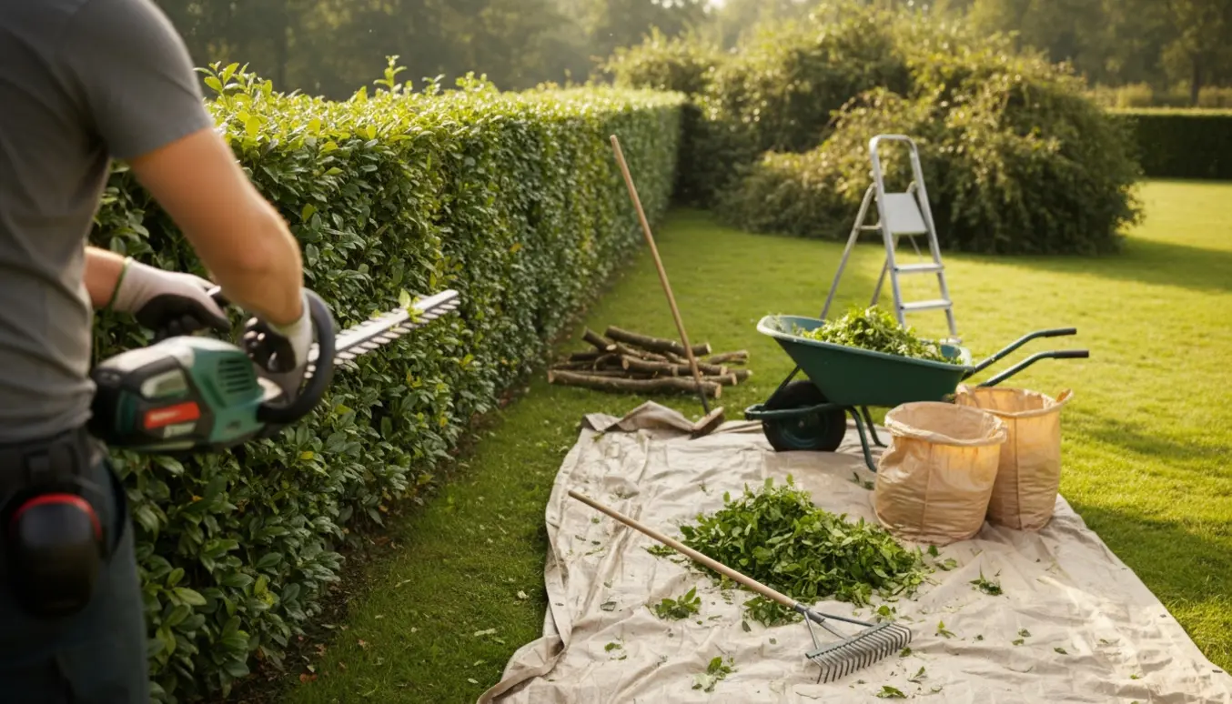 Delvist nyklippet hæk med en person set bagfra, afklip samlet i trillebør og på presenning.