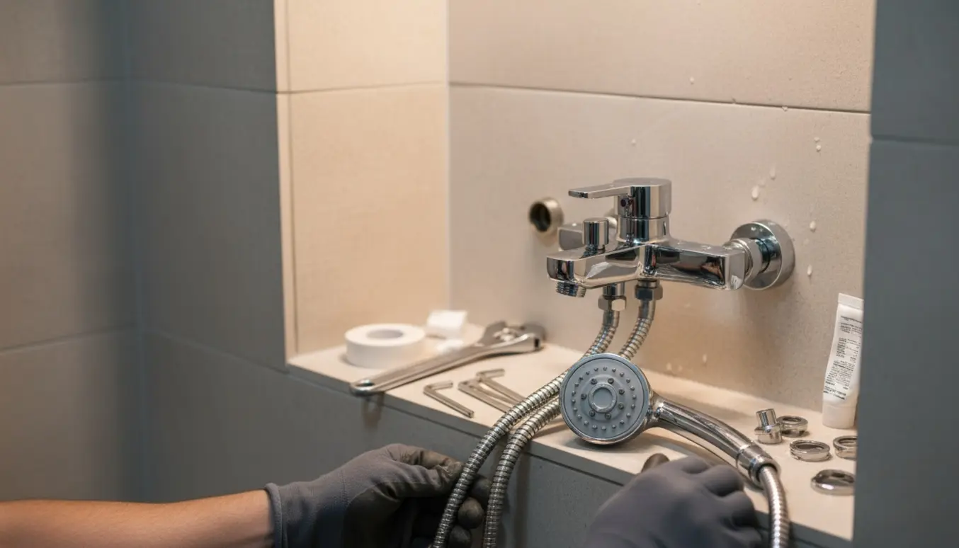 Autoriseret VVS'er udskifter et blankt kromarmatur i en flisebeklædt bruseniche med værktøj på kanten.