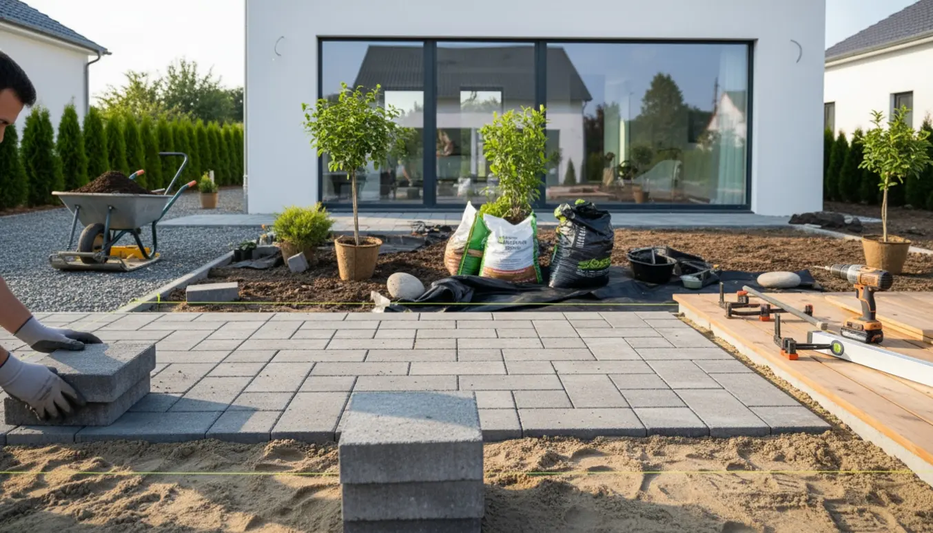 Nybygget hus med anlægsgartnere, der anlægger terrasse, indkørsel og have med sten, trædæk og værktøj.