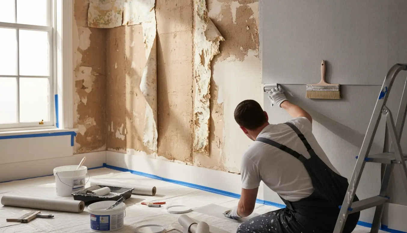 Værelse under renovering med delvist fjernet tapet, nyt tapet på vej og maling af vindueskarmen.