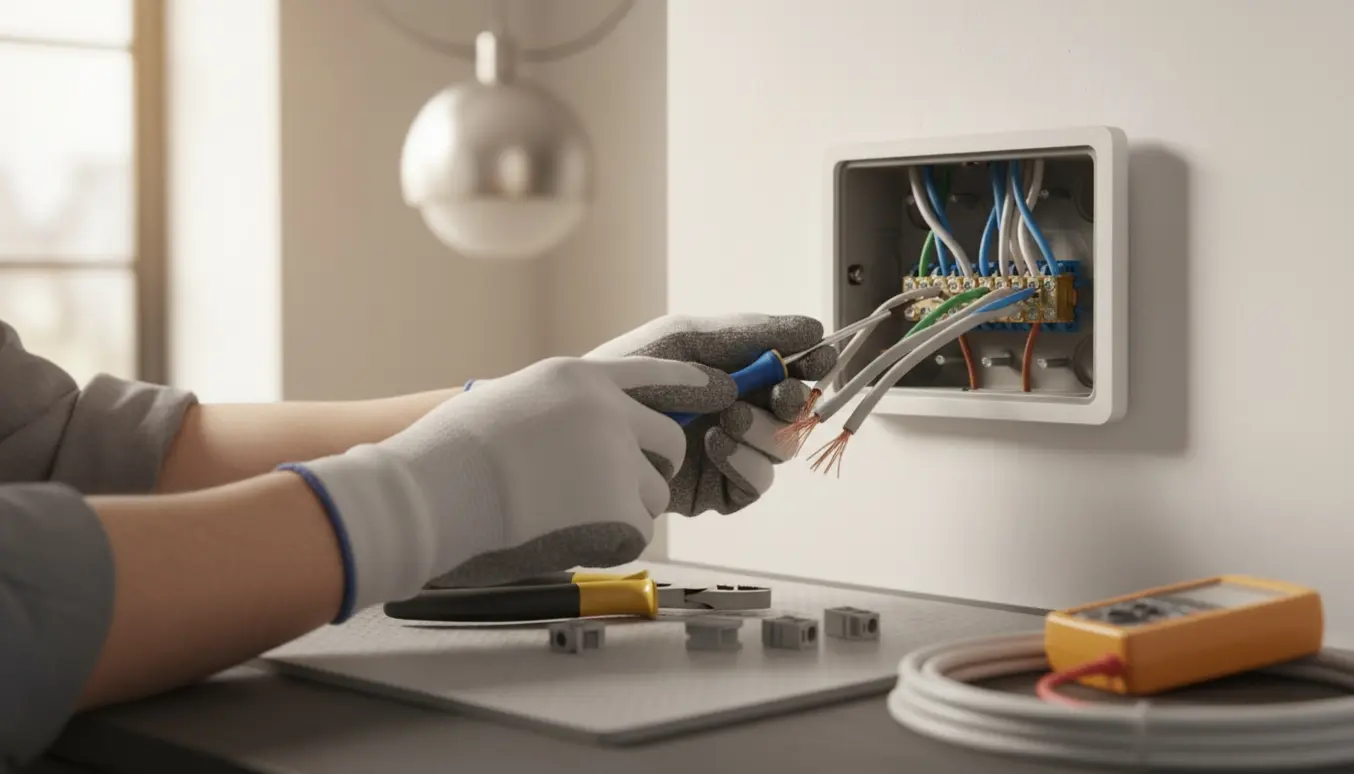 En elektriker arbejder med åbne stikkontakter og flere ledninger til lamper, med isolerede værktøjer i naturligt lys.