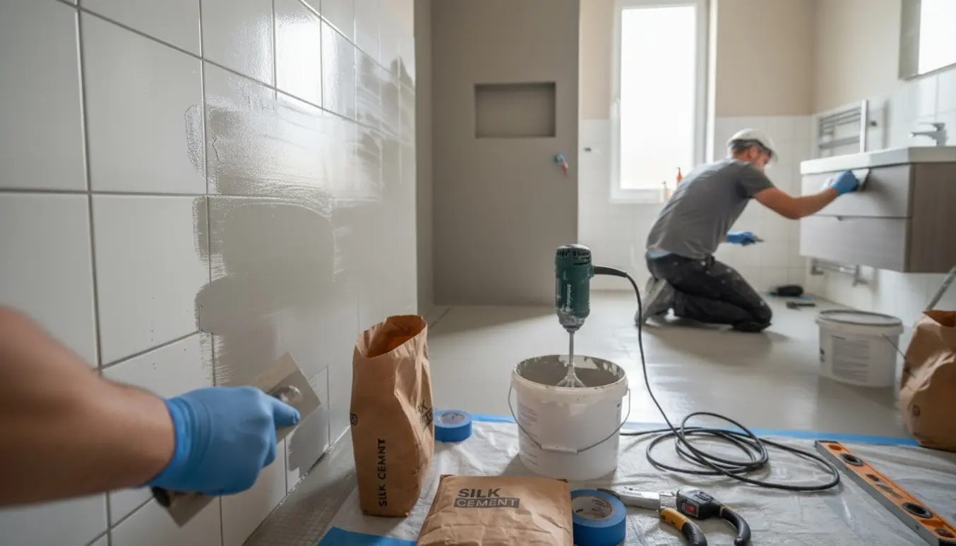 Håndværker påfører silkecement over eksisterende fliser i bruser og badeværelsesgulv.