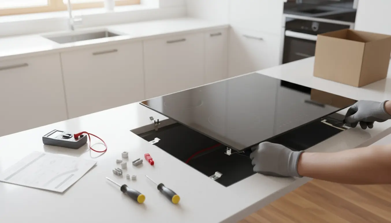 Hænder installerer en 80 cm induktionskogeplade i et moderne køkken fra 2018.