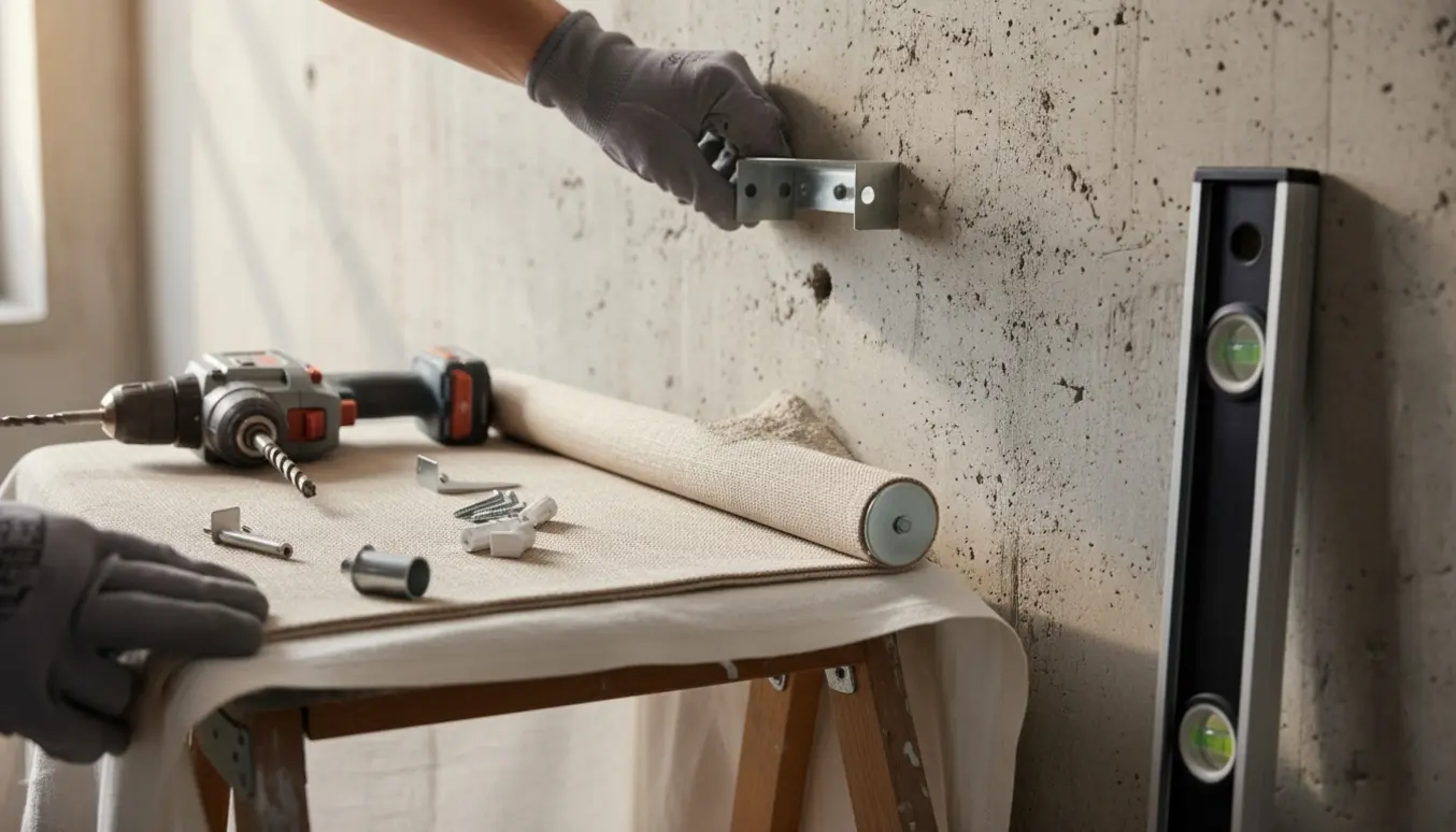Hænder monterer et rullegardin på en betonvæg med boremaskine og beslag i dagslys.