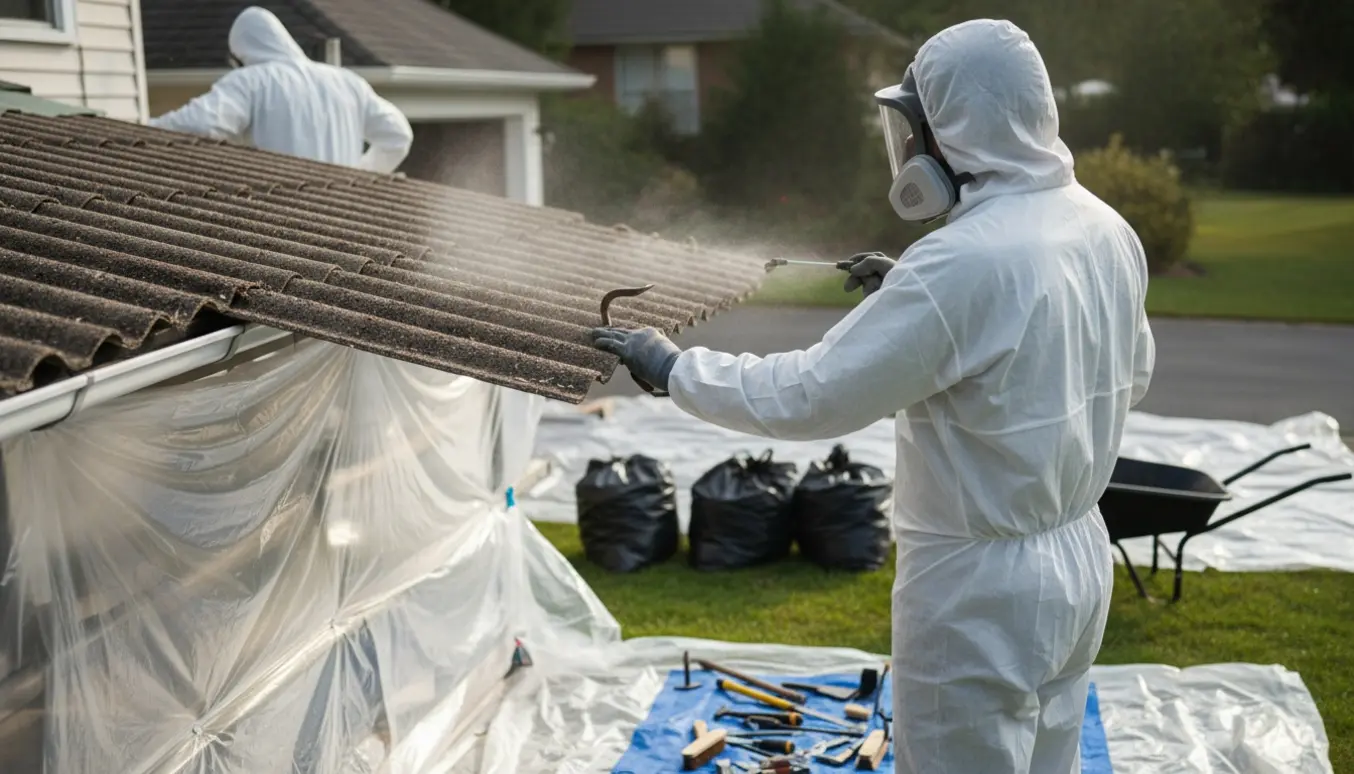 Arbejdere i beskyttelsesdragter fjerner asbesttagplader med plastafdækning og forseglede sække på græsset.