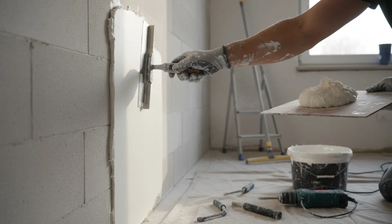 En hånd glatter spartelmasse på en Fermacell- og gasbetonvæg i et lyst soveværelse under fuldspartling.