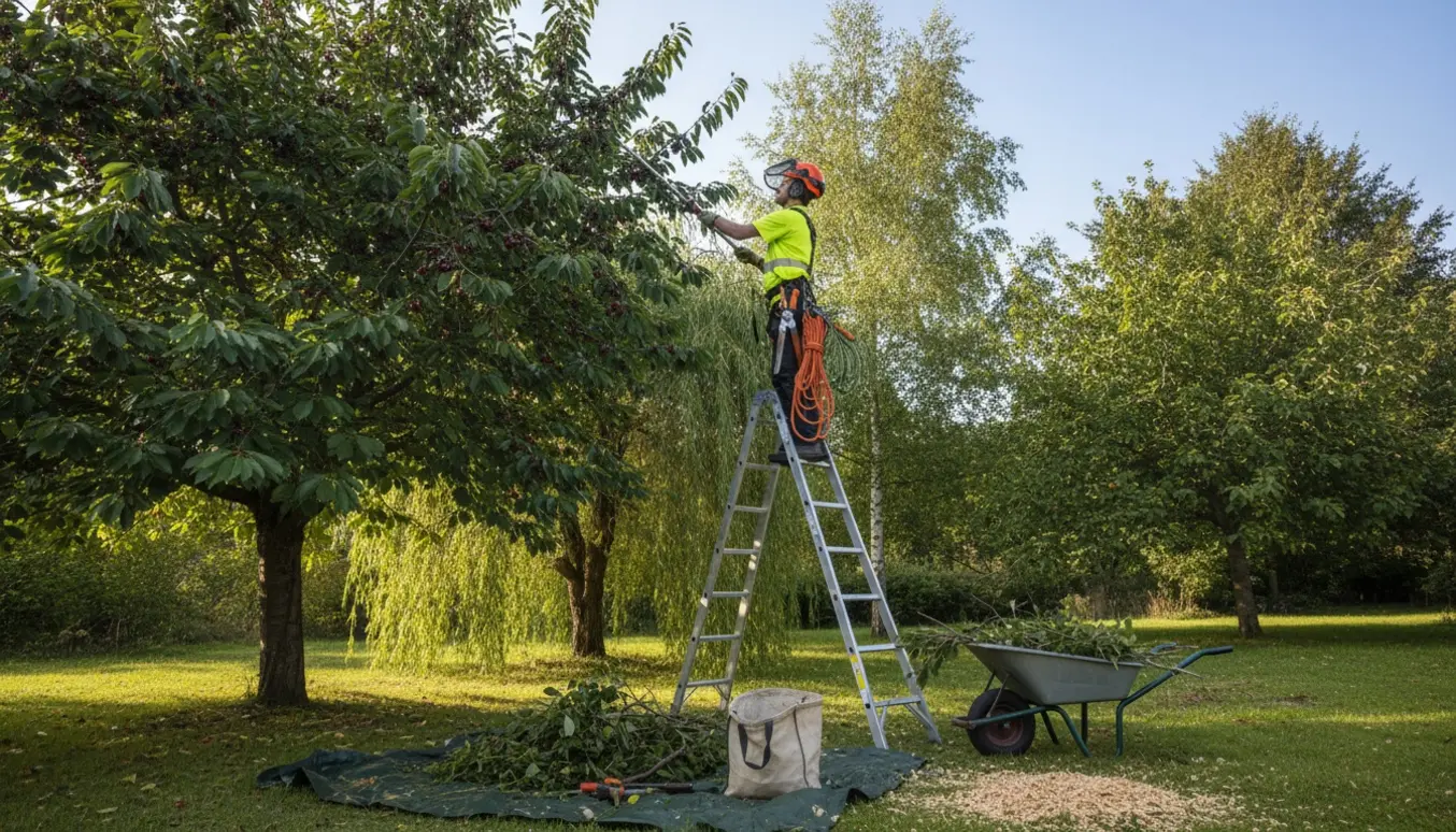 Arborist beskærer høje træer (kirsebær, pil, birk) med sav, stige og bunker af afklippede grene klar til fjernelse.