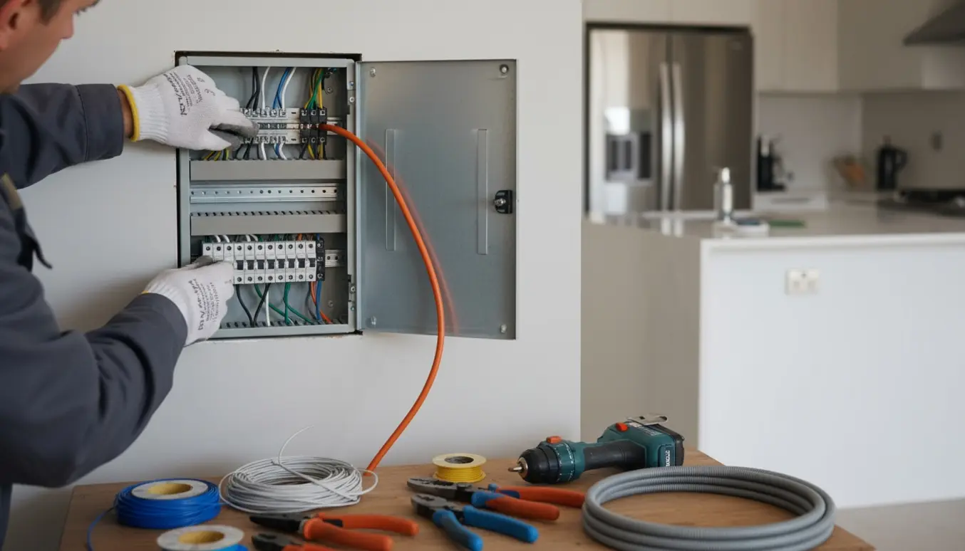 Elektriker trækker nye kabler og monterer en moderne eltavle i et hjem, uden synlige ansigter.