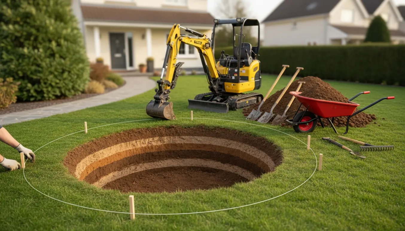 Cirkulært udgravet hul i forhaven til indbygget trampolin med minigraver og jordbunke.
