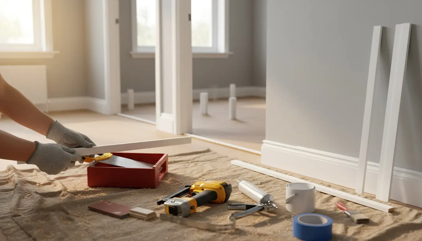 Hænder monterer hvide fodlister med værktøj og tynde fejelister i et lyst rum.