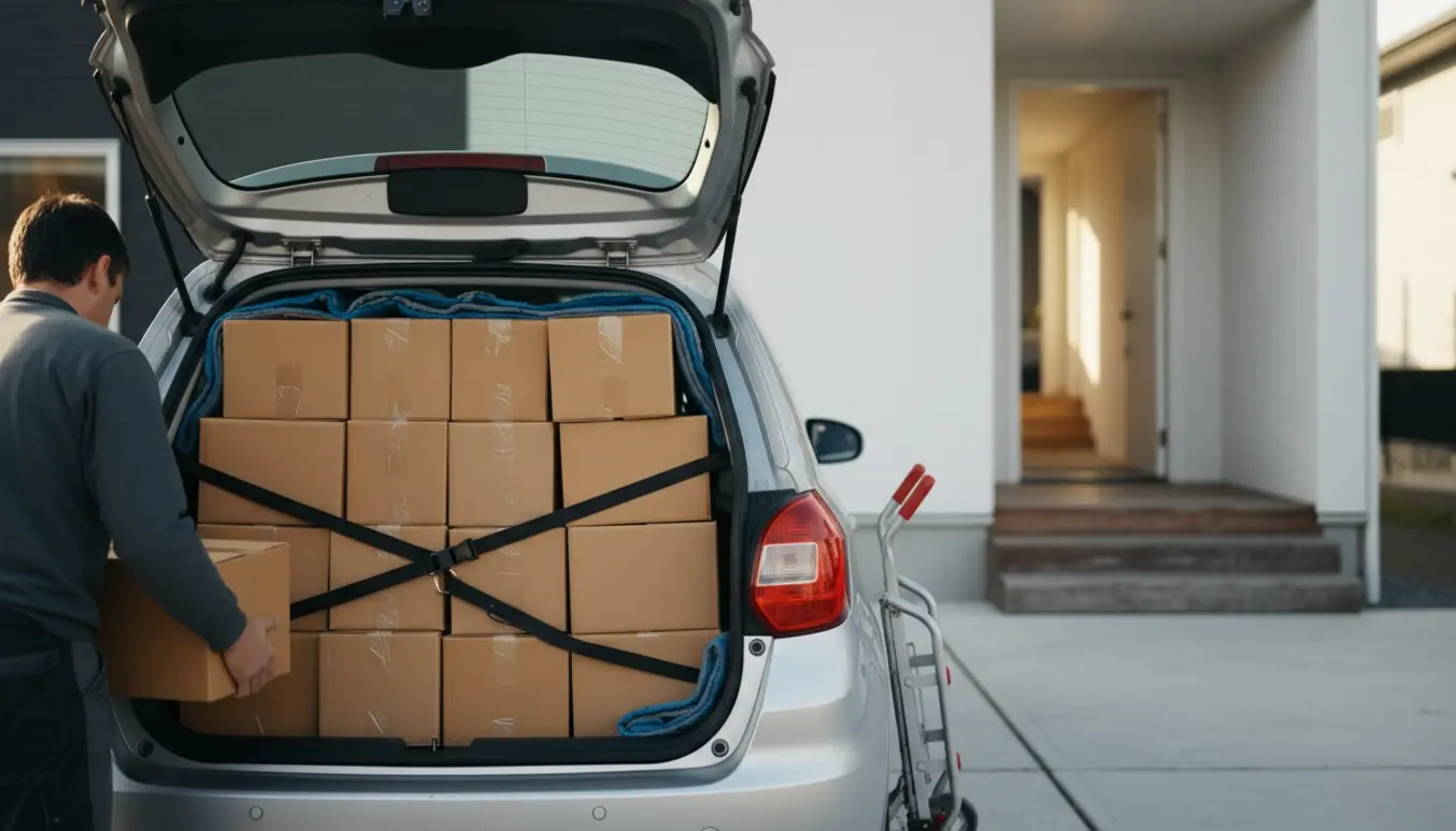 Åben bilbagagerum fyldt med omkring 30 brune flyttekasser foran et dansk parcelhus, mens en person læsser kasser ind.