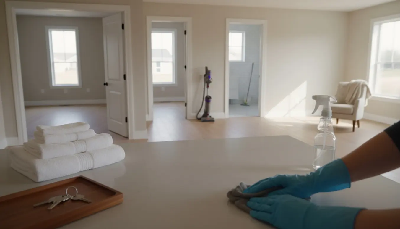 Solbelyst tomt hus med rengøringsudstyr, nypoleret køkken og stabler af rene håndklæder klar til overdragelse.