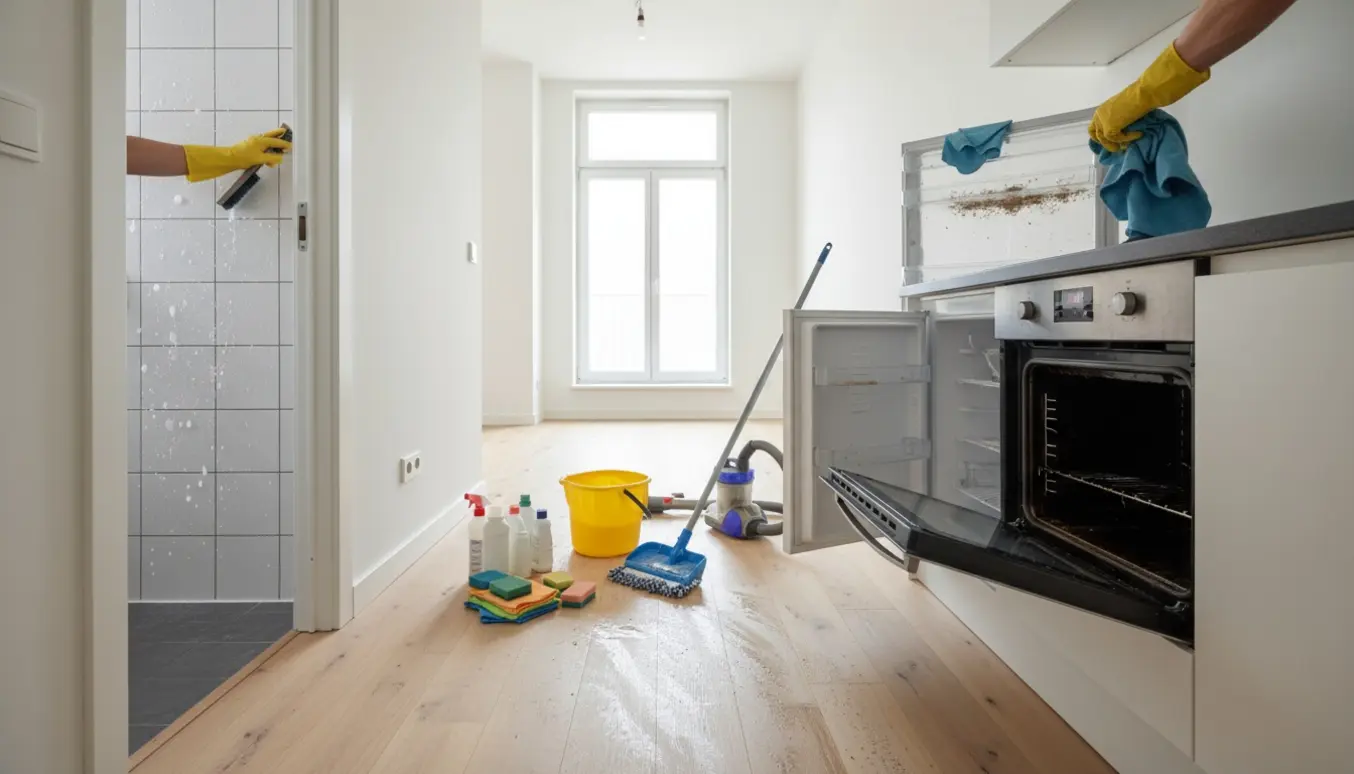 Tom lejlighed i dagslys med rengøringsudstyr og hænder i gummihandsker, der skrubber ovn, køleskab og badeværelsesfliser.