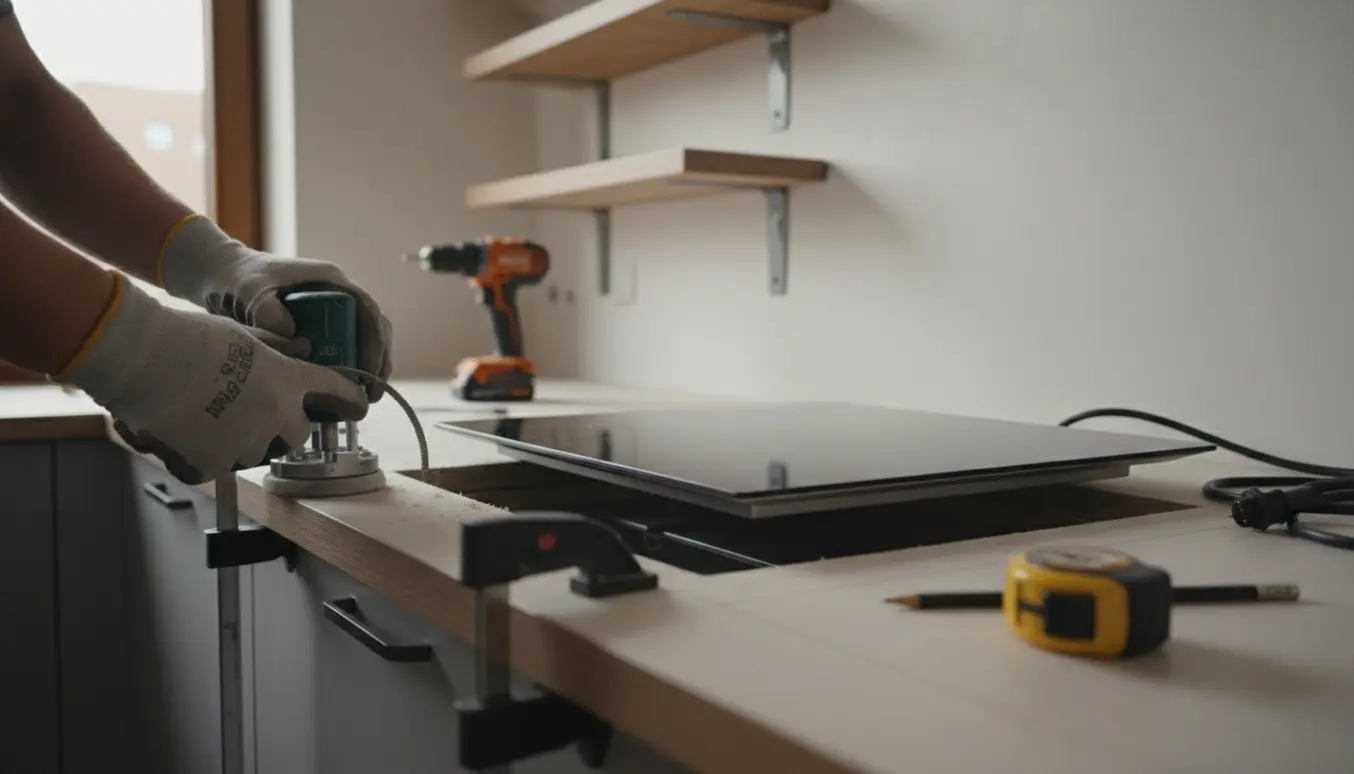Håndværker tilpasser udskæringen i køkkenbordet, så kogepladen passer, mens hylder og strømtilslutning er forberedt.