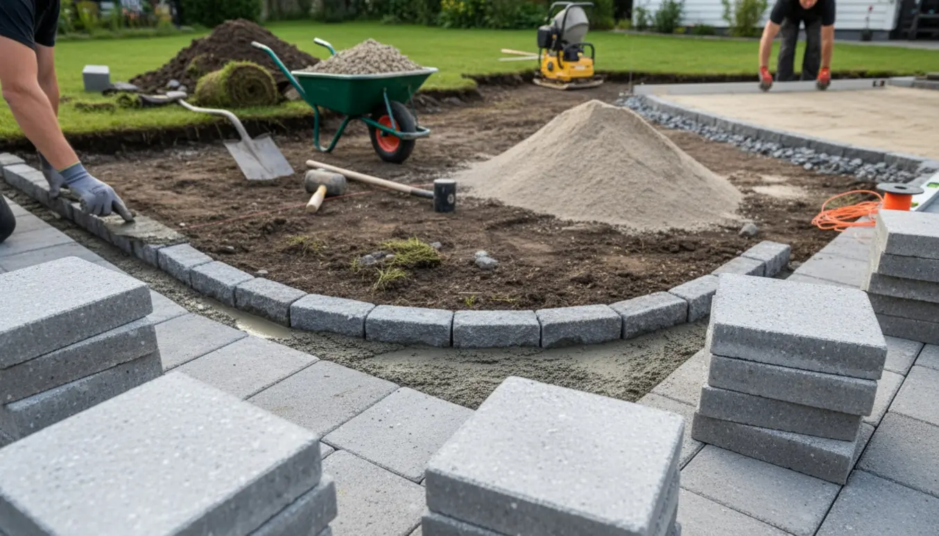 Forhave under ombygning til parkeringsplads med grå kantblokke, stabilgrus, afretningssand og delvist lagte fliser.