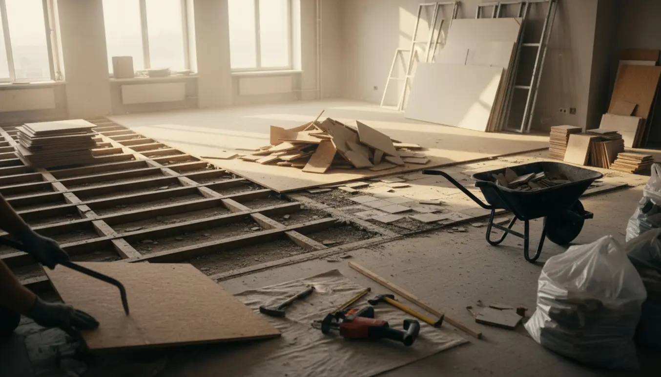 Soloplyst rum under renovering med fjernet gulv, eksponerede strøer, bunker af parket og fliser samt værktøj og en nedrevet 4 m gipsvæg.