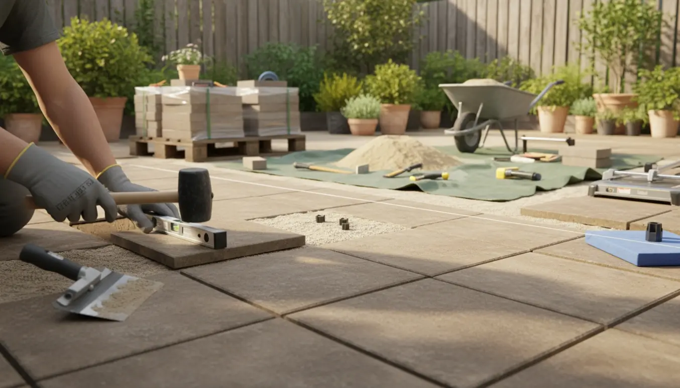 Nærbillede af 40×40 cm fliser, hvor hænder bruger gummihammer og vaterpas til at lægge terrasse i en have.