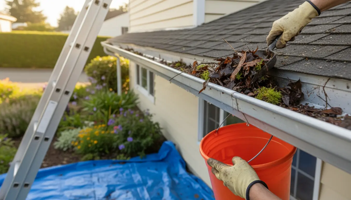 Hænder renser tagrende på et parcelhus med beplantning under.