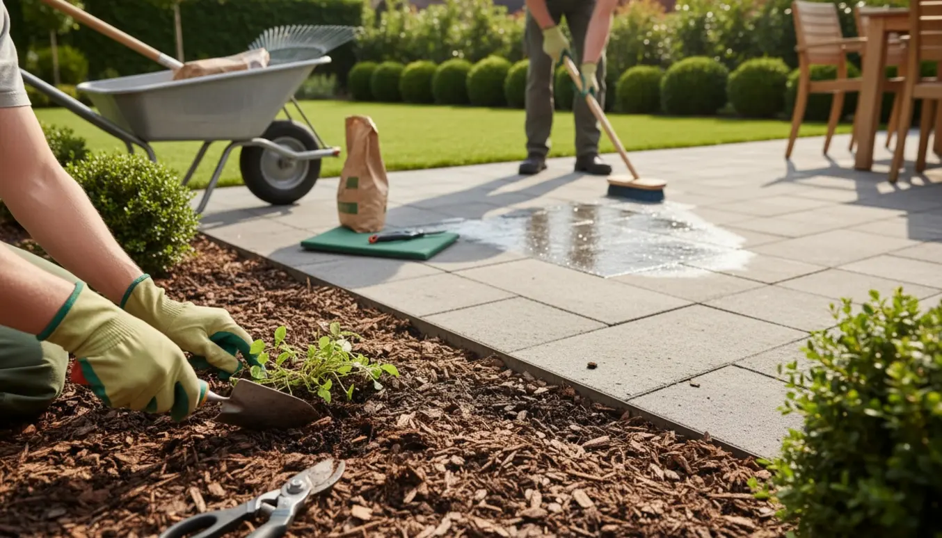 Nyrenoveret have med hænder, der luger bede, og en person, der rengør terrassefliser, uden tydelige ansigter.